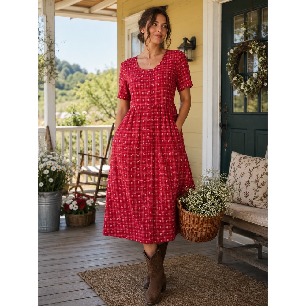 Vintage Cabernet Midi House Dress Women's M Red Plaid Floral Button Up Prairie